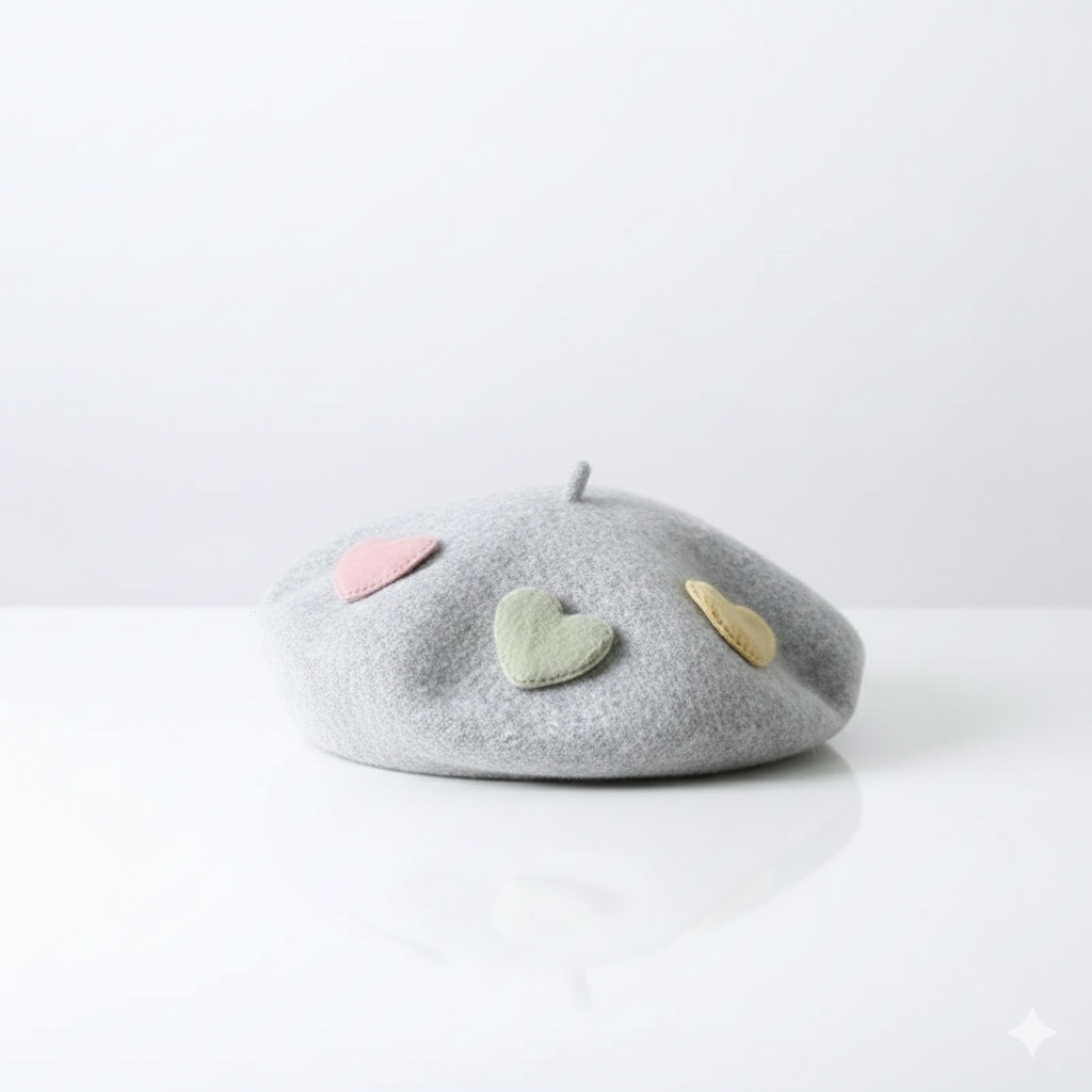 Béret Gris à Cœurs Femme en Laine