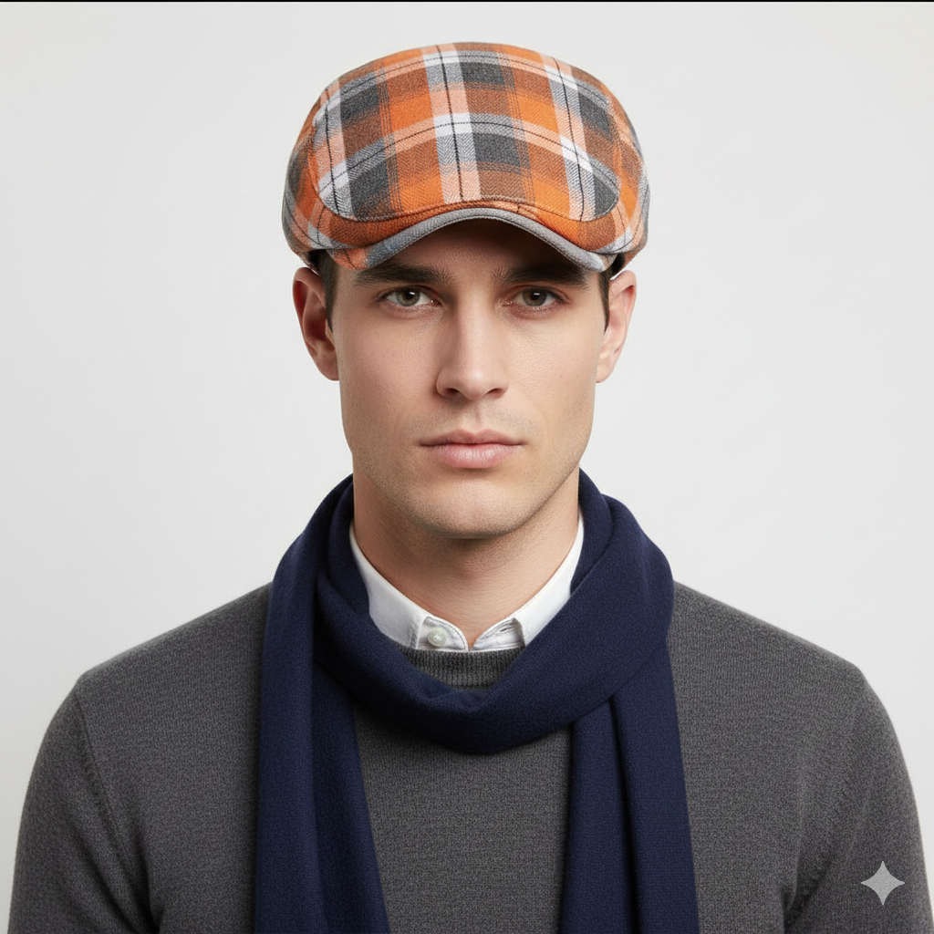 Béret Anglais Homme Orange à Carreaux