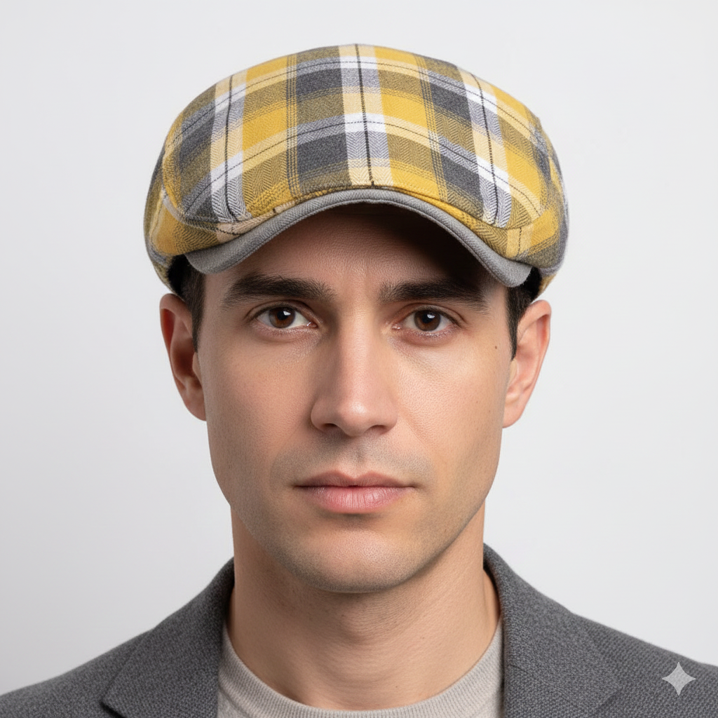 Béret Irlandais à Carreaux Jaune & Gris