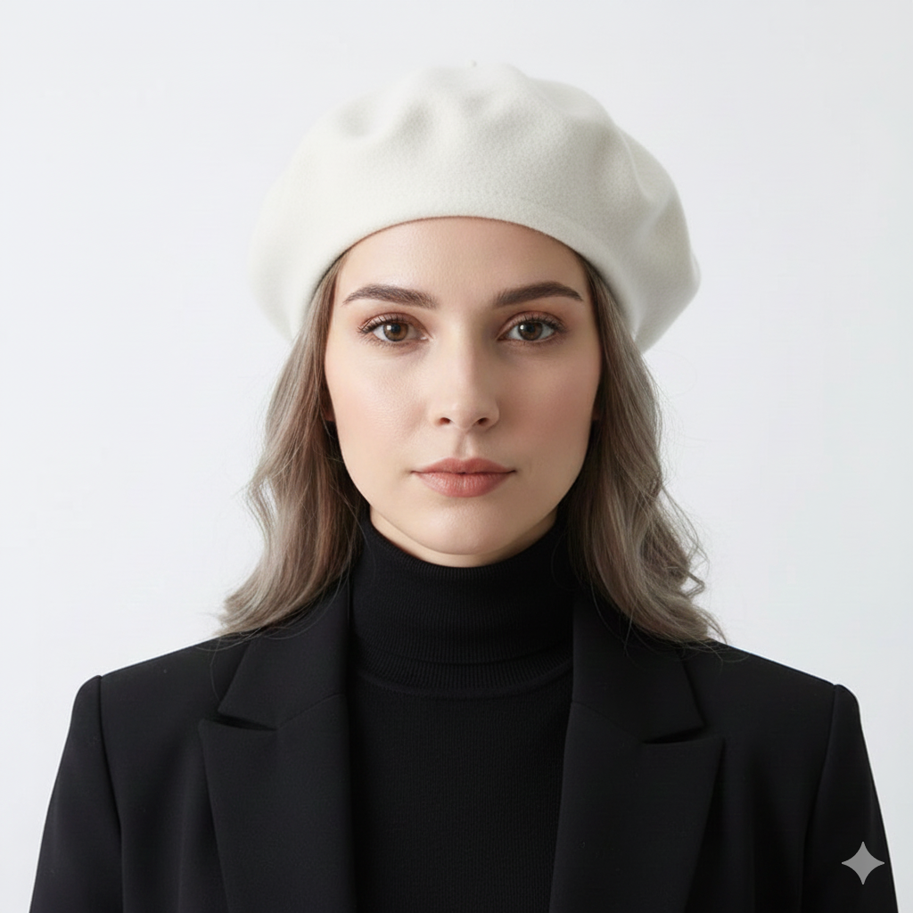 Béret Blanc à Cœurs Femme en Laine