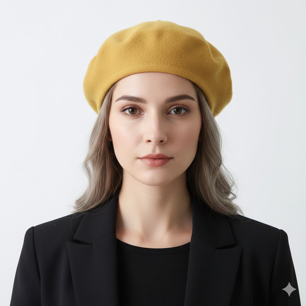 Béret Jaune à Cœurs Femme en Laine