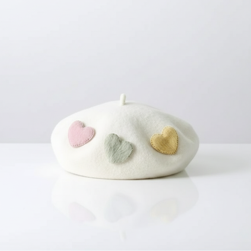 Béret Blanc à Cœurs Femme en Laine