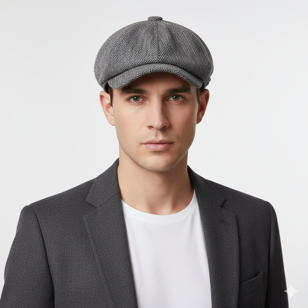 Béret Gavroche Homme Gris Clair à Chevrons