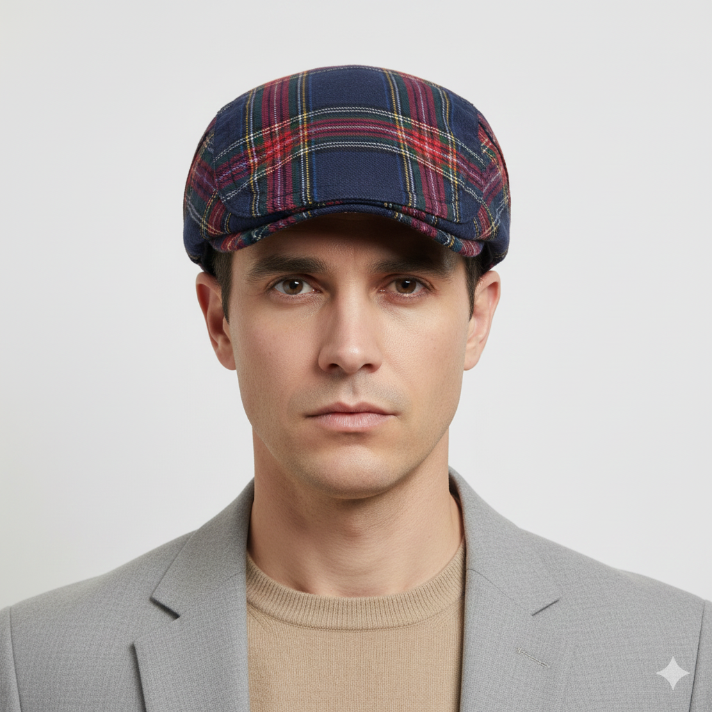 Béret Anglais Tartan Bleu & Rouge en Coton