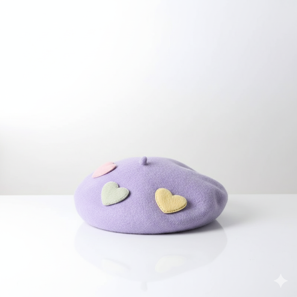Béret Violet à Cœurs Femme en Laine
