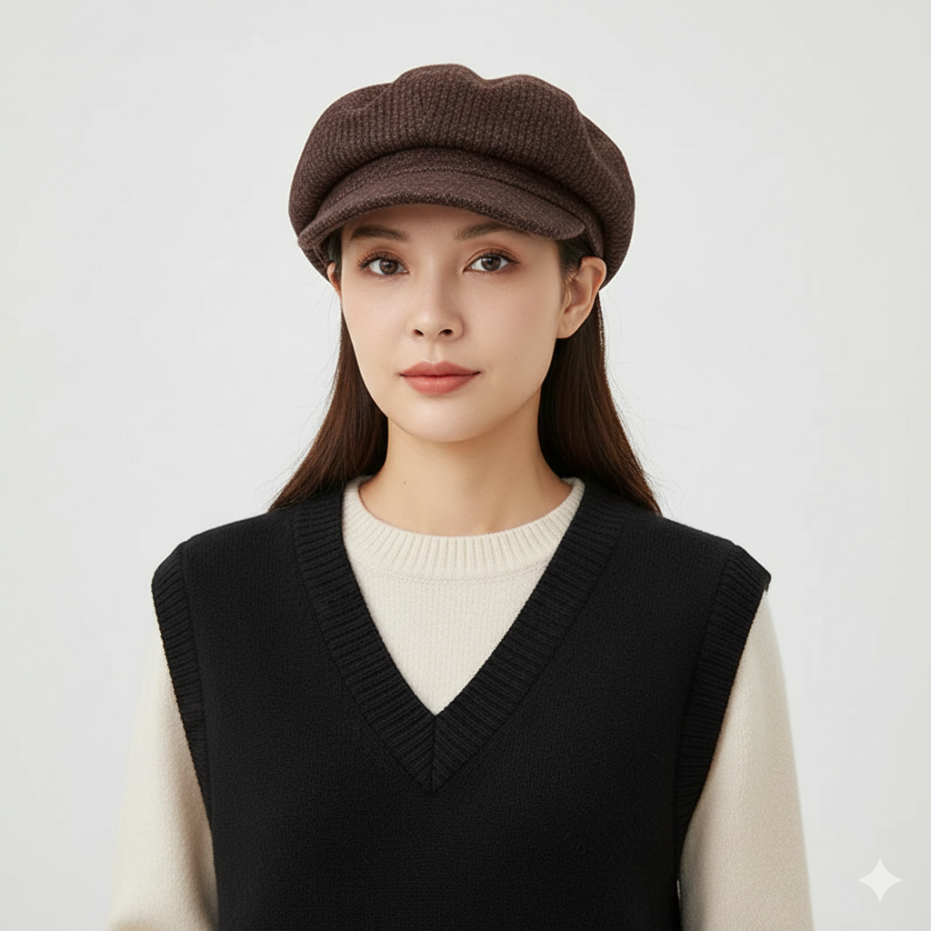 Béret Femme Marron Foncé en Maille Côtelée