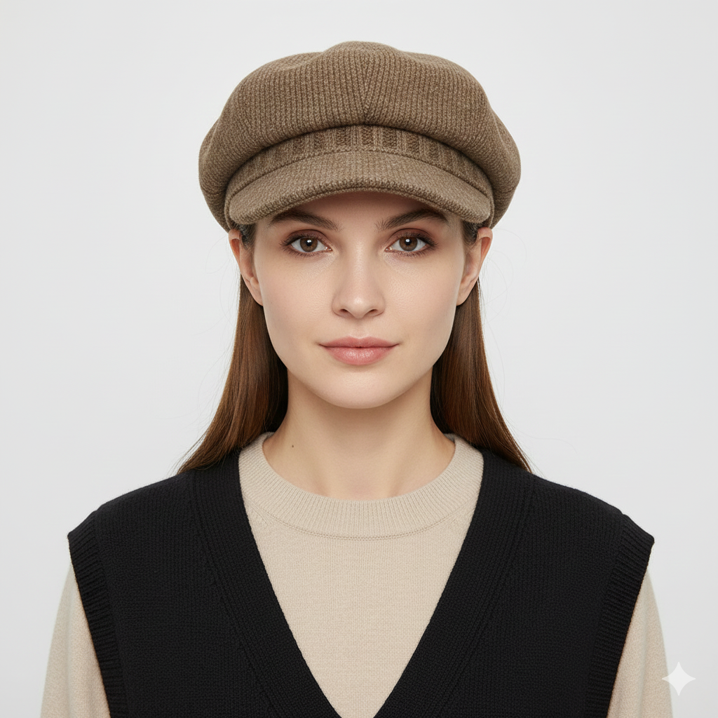 Béret Femme Marron en Maille Côtelé