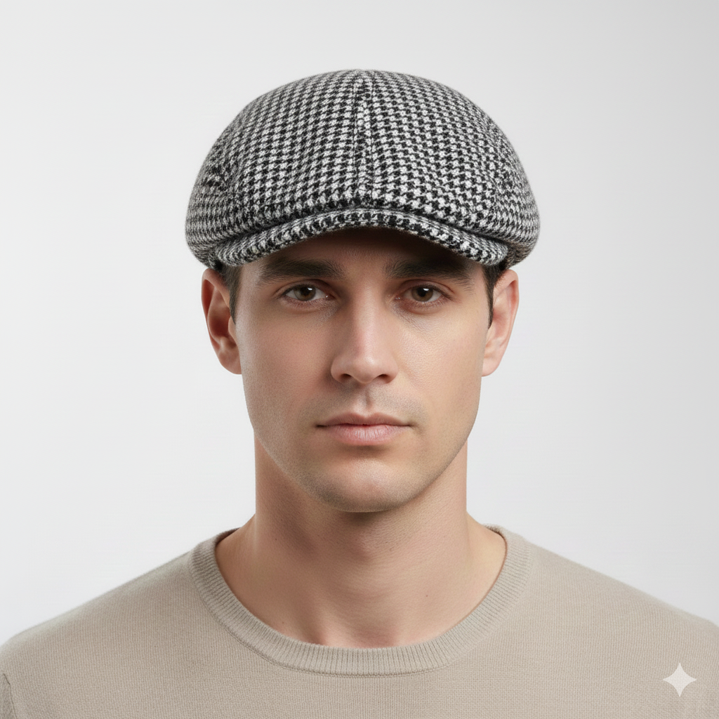 Béret Casquette Plate Pied-de-Poule Noire et Blanche