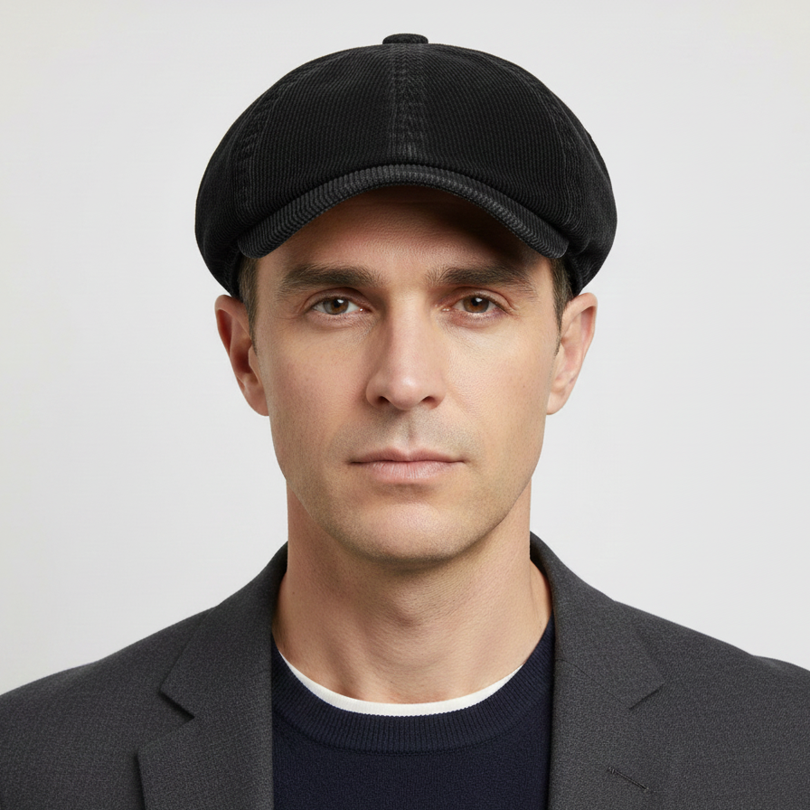 Béret Gavroche Noir en Velours Côtelé