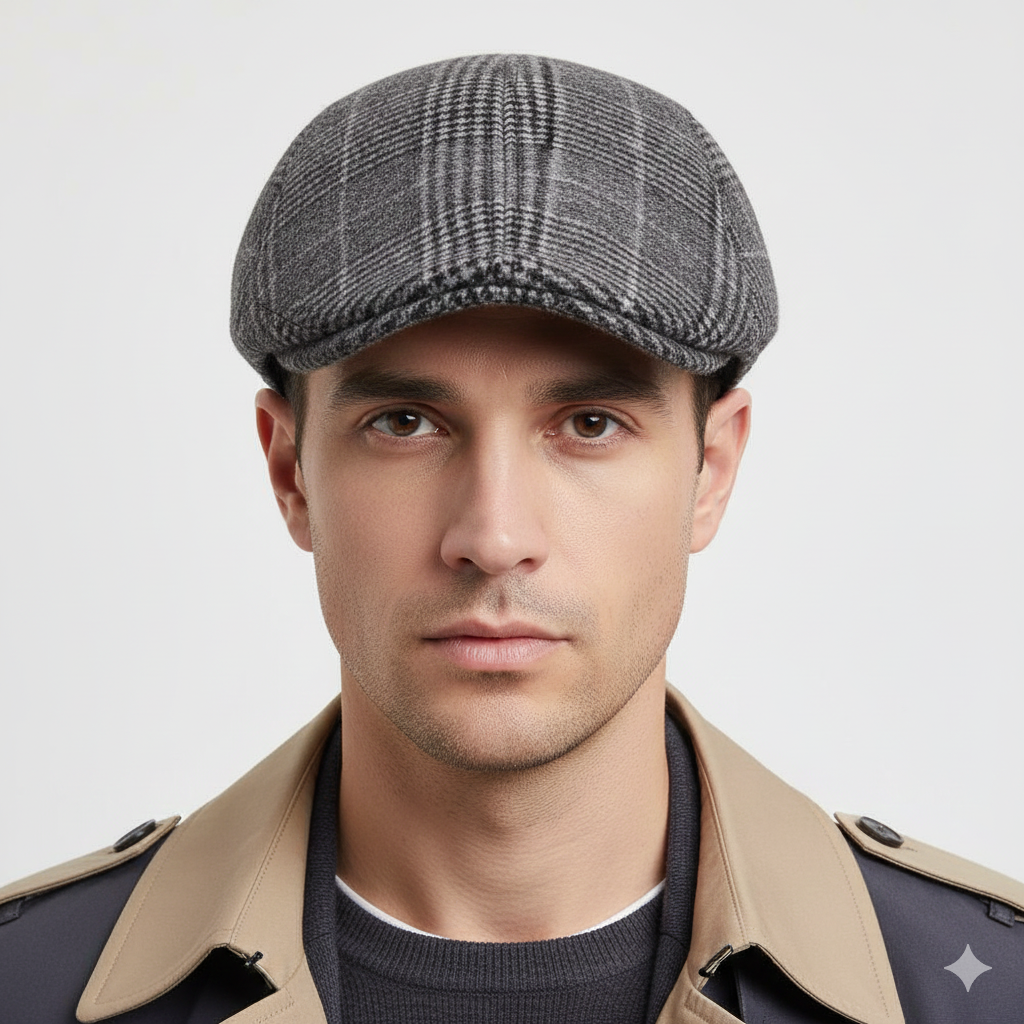 Béret Casquette Plate à Carreaux Gris