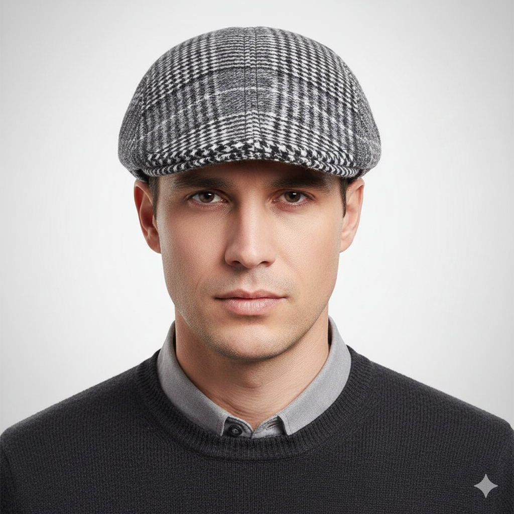 Béret Casquette Plate à Carreaux Noir et Gris