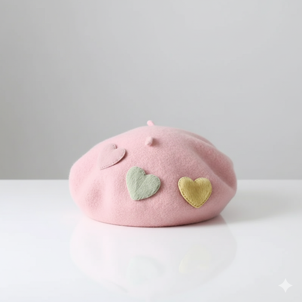 Béret Rose à Cœurs Femme en Laine