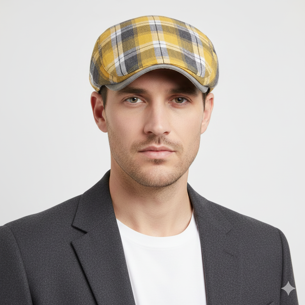 Béret Anglais Homme à Carreaux Jaunes