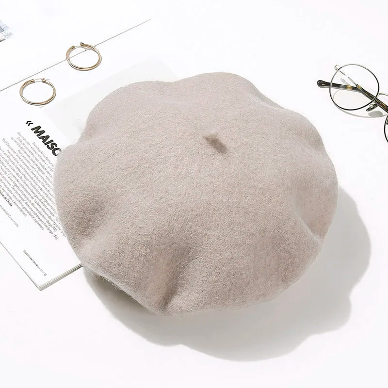 Béret Femme Beige Clair en Laine